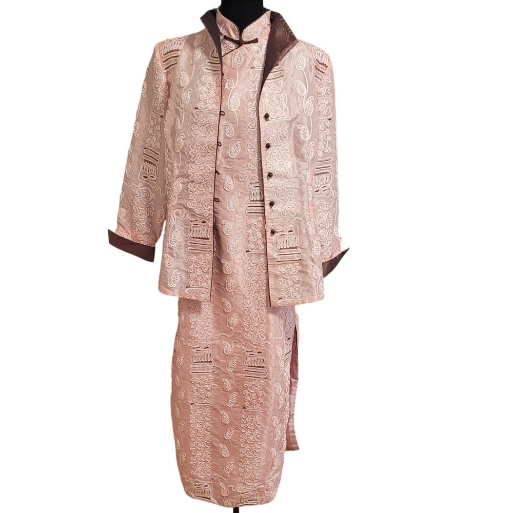 Cheongsam Dress Set Pink M Qipao Jacket Vintage 80s Satin Soutache Embroidery